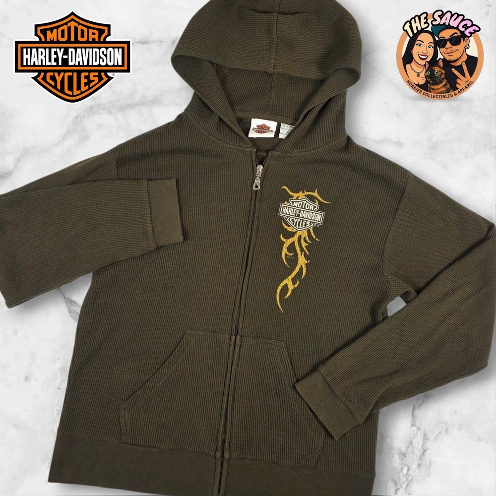 Harley Davidson Womens M Green Waffle Knit Zip Up Hoodie Jacket Flames Y2K Retro